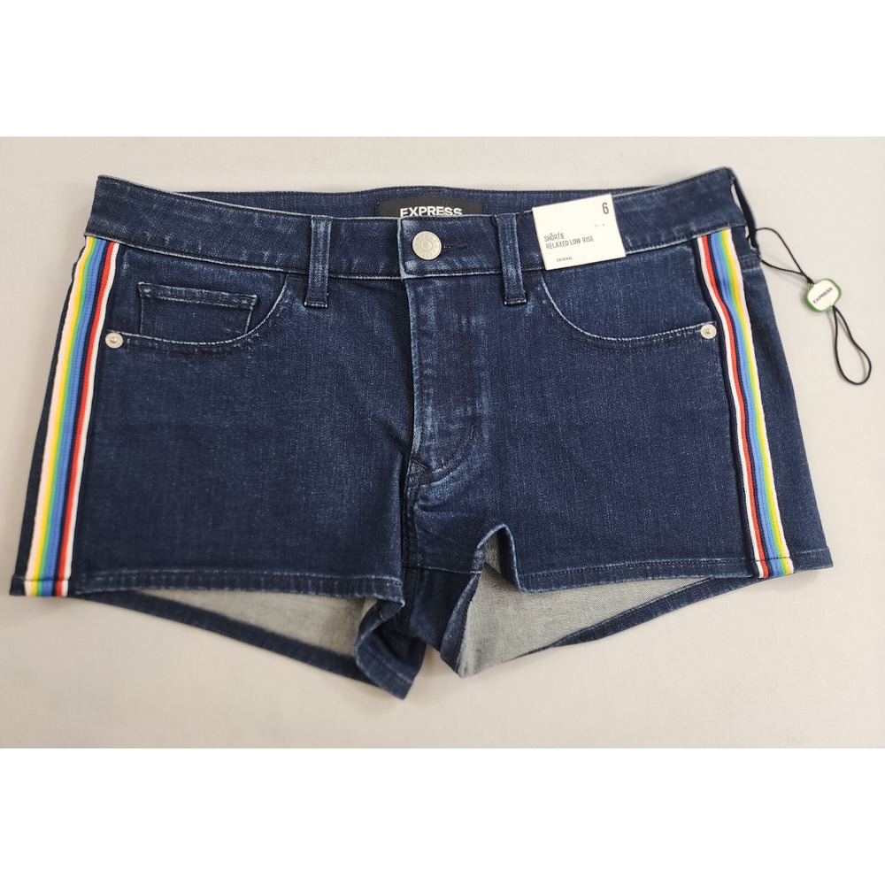 Express jean shortie shorts womens sz 6 navy relaxed low rise rainbow $54 ladies